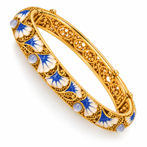 Gold-tone enamel bangle with blue and ivory floral panels and pale grey pearl accents
